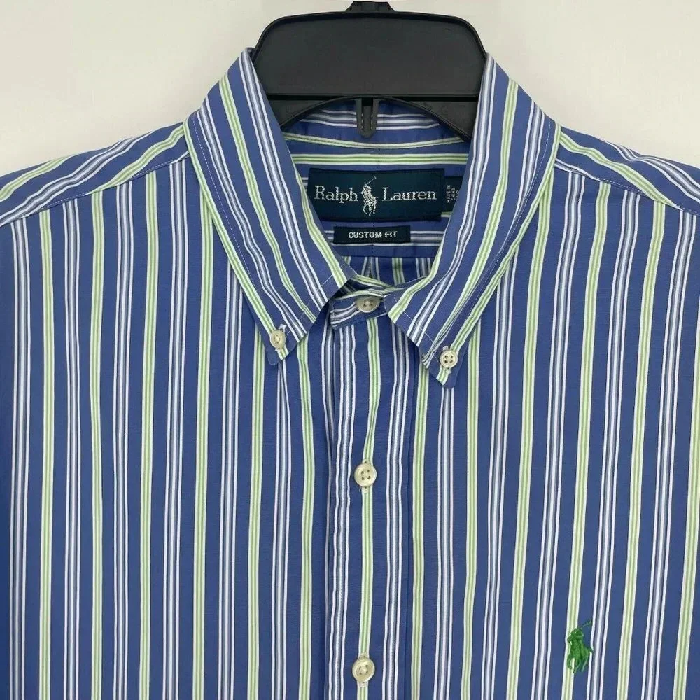 Ralph Lauren Shirt Men’s 16 Blue Green Stripe Custom Fit Button Down Long Sleeve - Picture 7 of 8